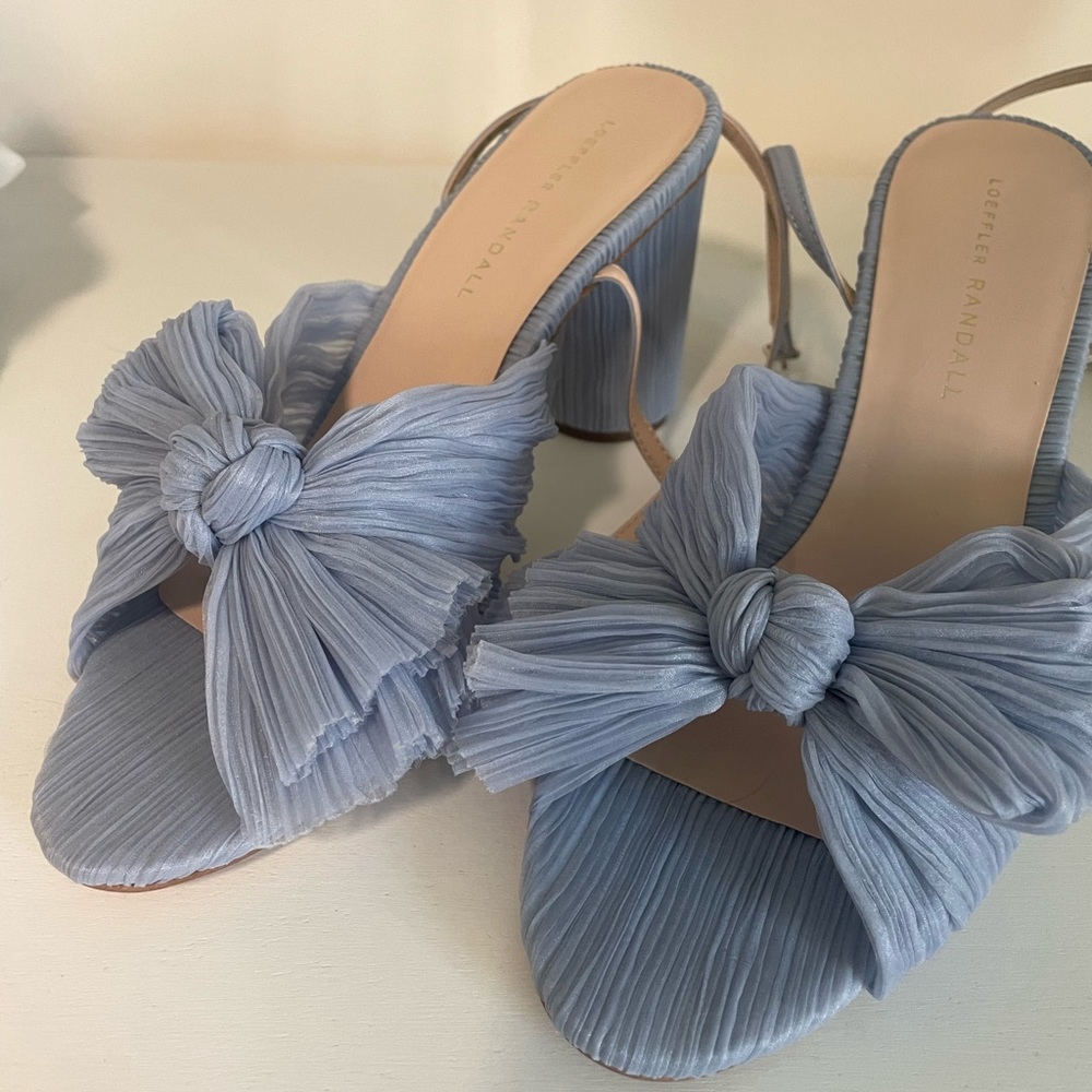 Loeffler Randall Camellia Bow High Heel Sandals and Matching Clutch in Blue